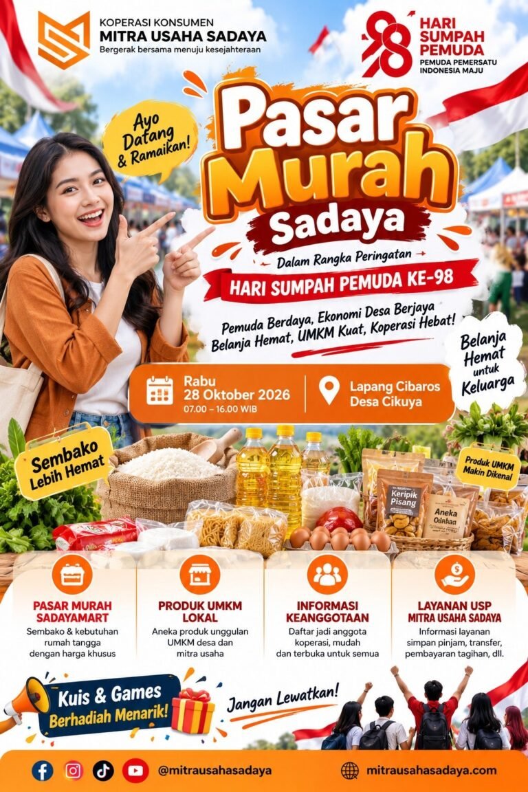 Poster Pasar Murah Sadaya pada 28 Oktober 2026 pukul 07.00–16.00 WIB di Lapang Cibaros, Desa Cikuya.