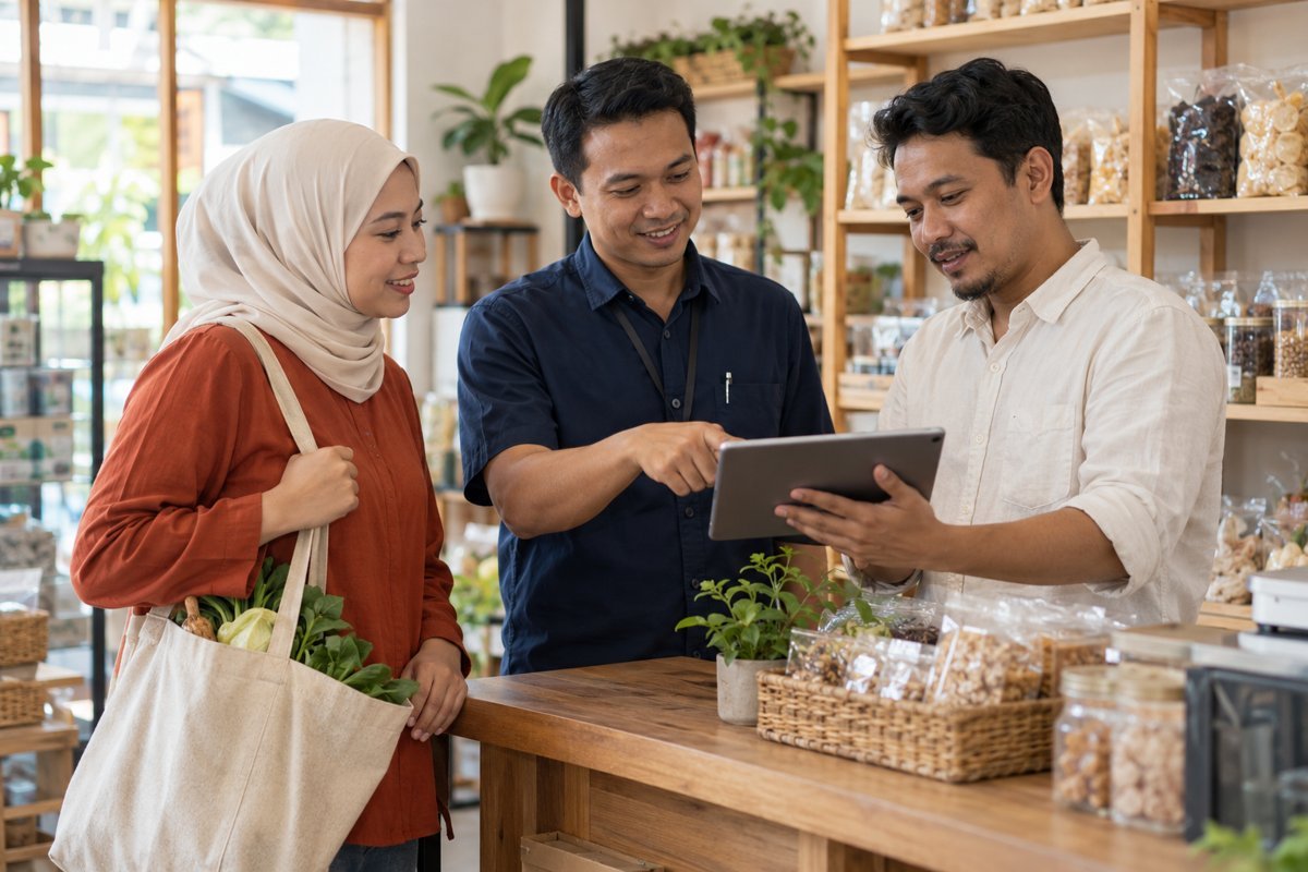 Visual AI realistis tiga orang berdiskusi di gerai koperasi dengan produk UMKM.